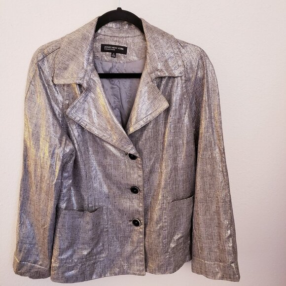 Vintage Jones New York Silver Metallic Plaid Linen Blend Jacket Size 8 GUC - Picture 1 of 11